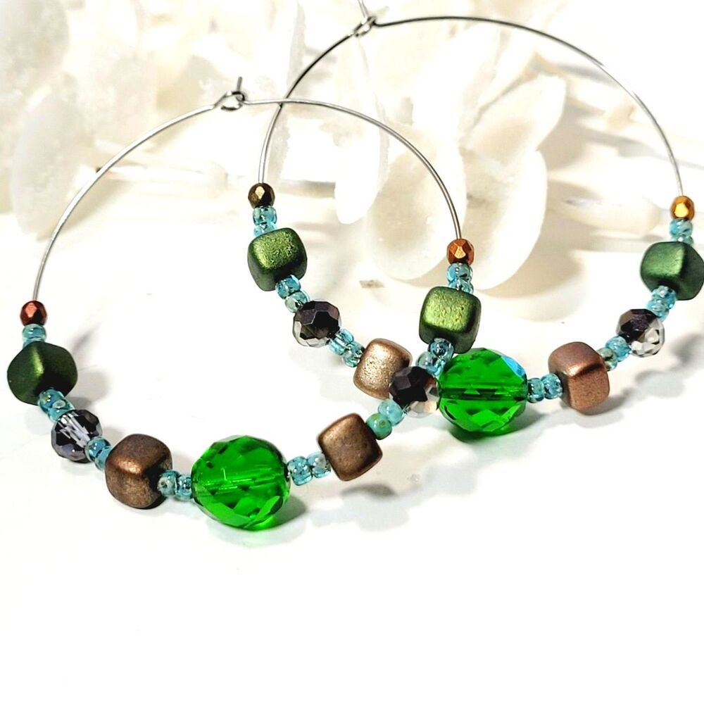 Green Crystal Stainless Steel Hoops Hidden Meaning earrings Big hoops 655■